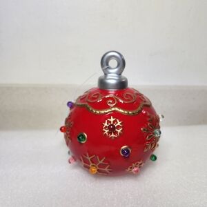 Lighted Ceramic Snowball Ornament. Red with Gold Accents. NWT